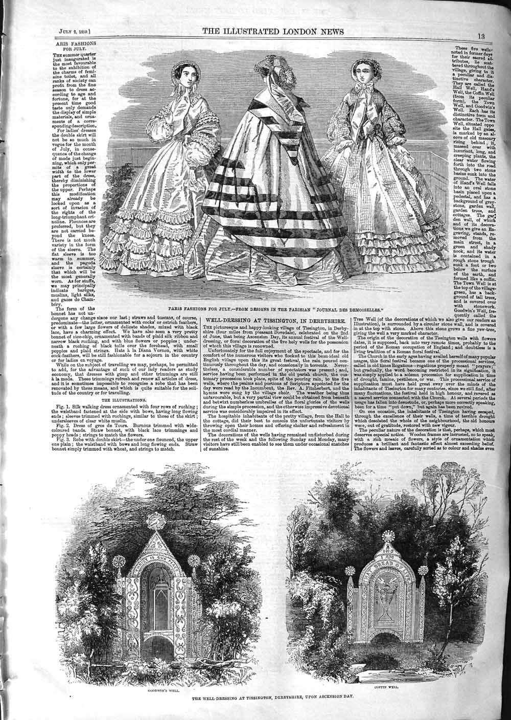 Original Old Antique Print 1859 Paris Fashion Goodwin'S Well Coffin Tissington