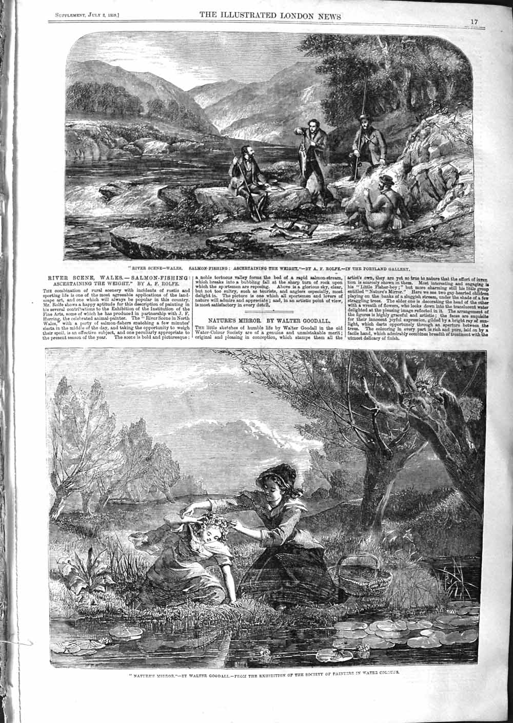 Original Old Antique Print 1859 River Scene Wales Salmon Fishing Ladies Washing