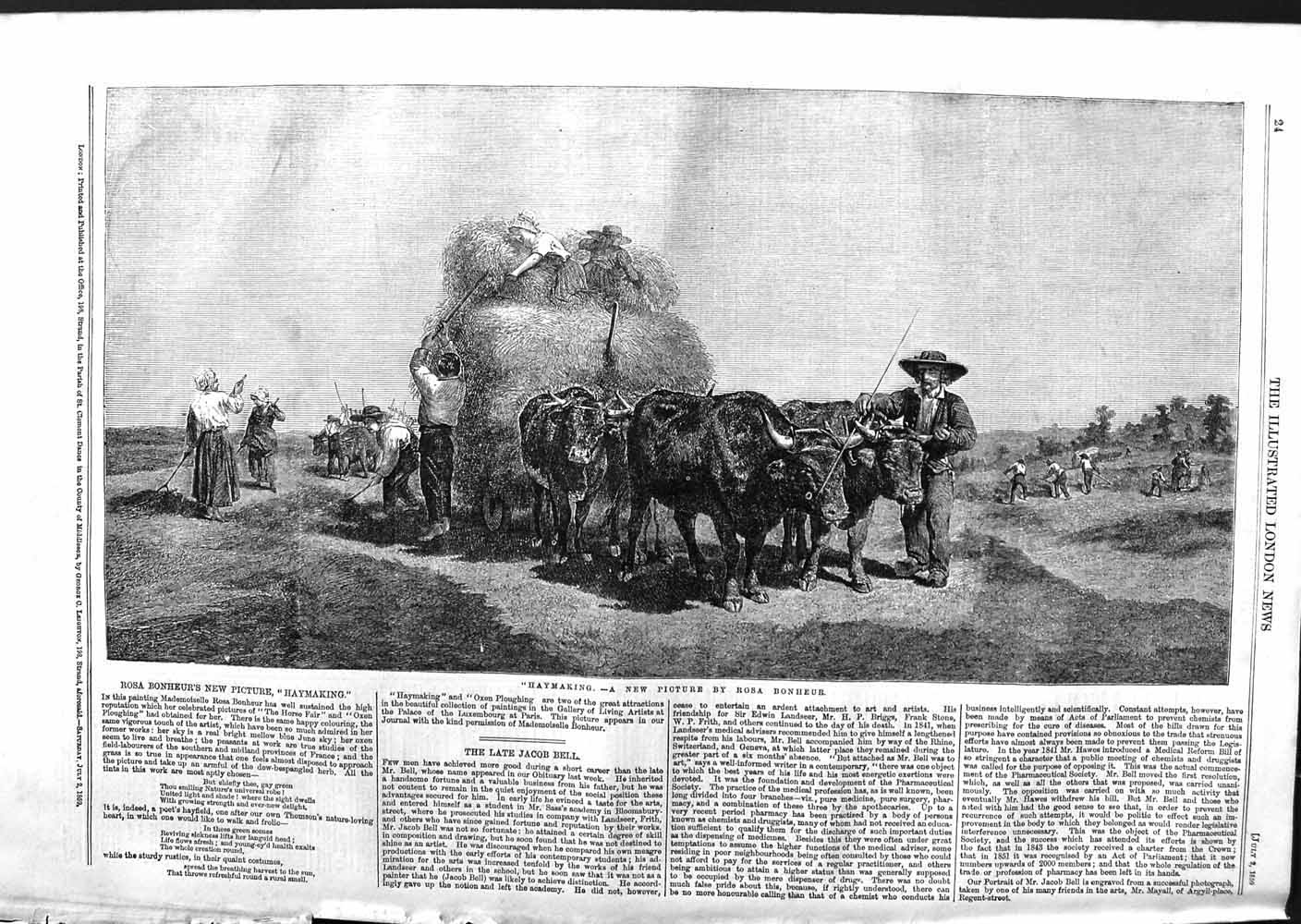 Original Old Antique Print 1859 Haymaking Farming Agriculture Cattle Bullocks