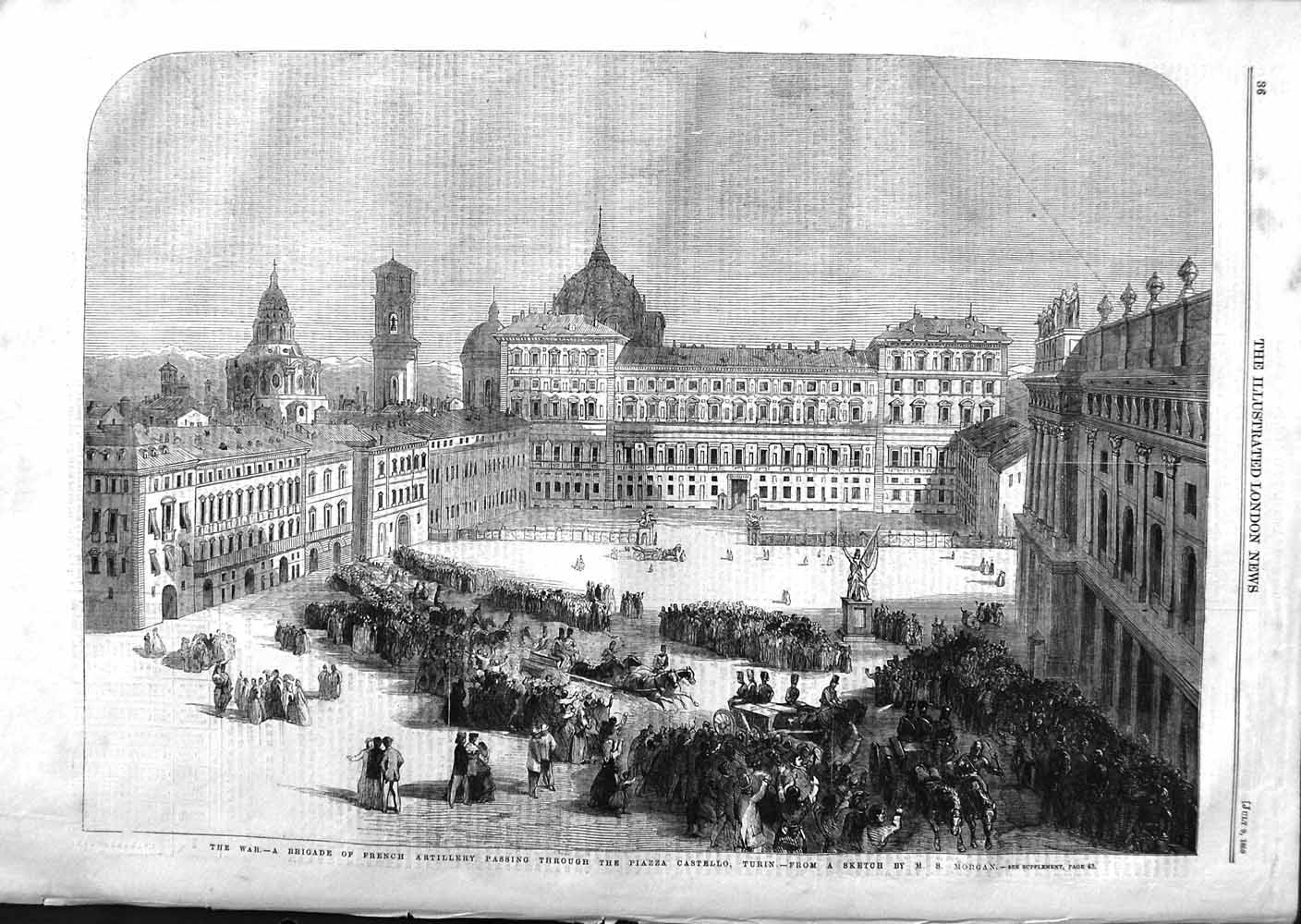 Old Antique Print 1859 War Brigade French Artillery Piazza Castello Turin 19th