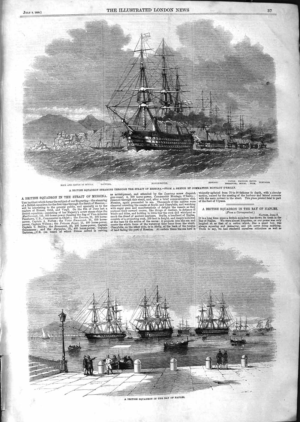 Original Old Antique Print 1859 Ship Marlborough Renown Lapwing Bay Naples War