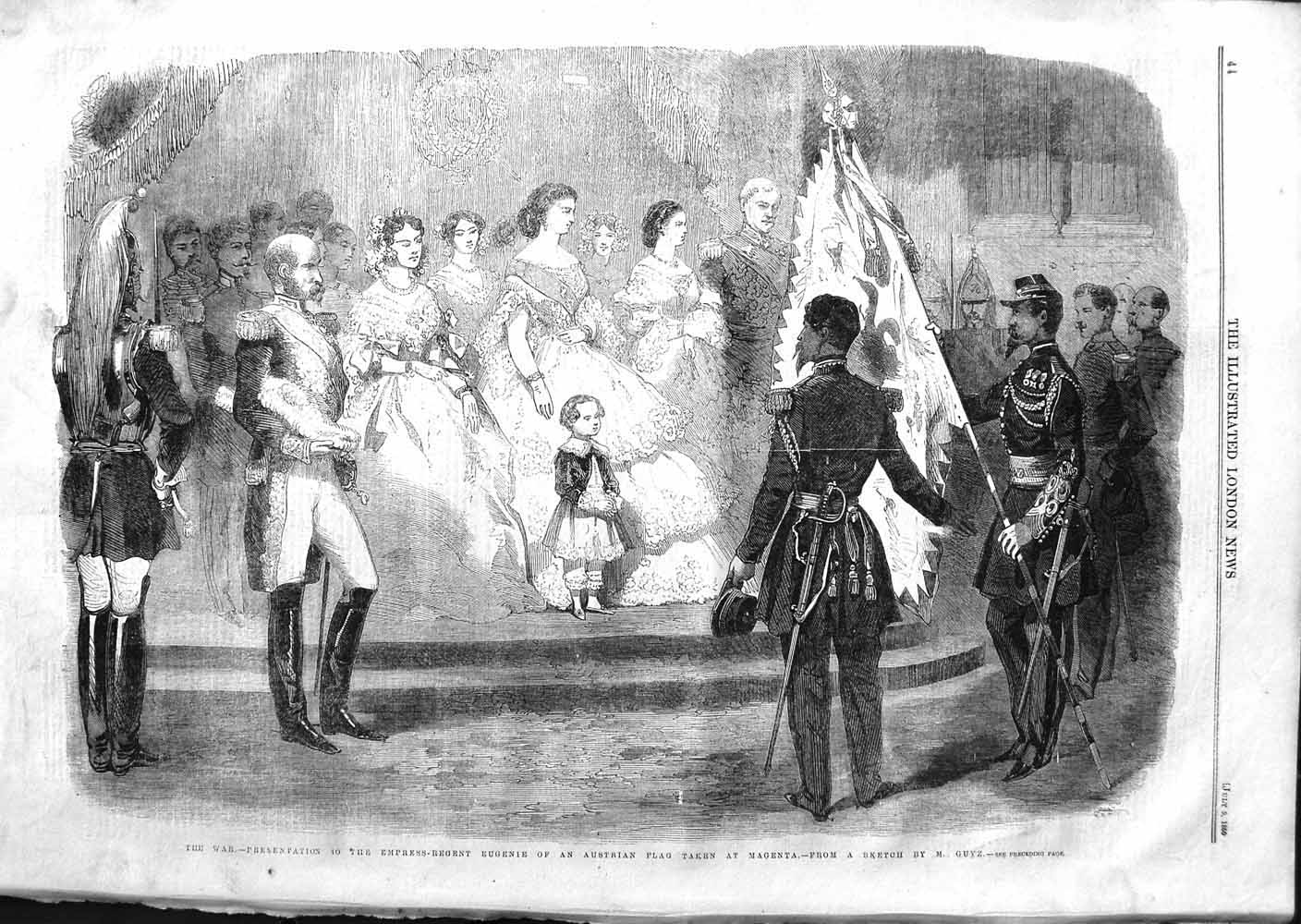 Old Antique Print 1859 War Empress-Regent Eugenie Austrian Flag Magenta 19th