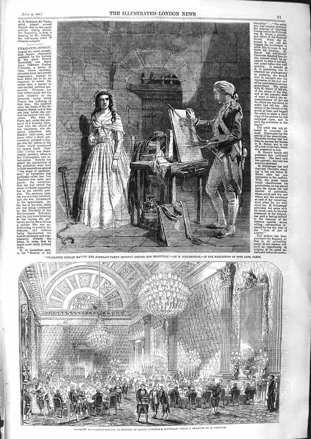 Old Antique Print 1859 Charlotte Corday Portrait Banquet Queen Victoria 19th