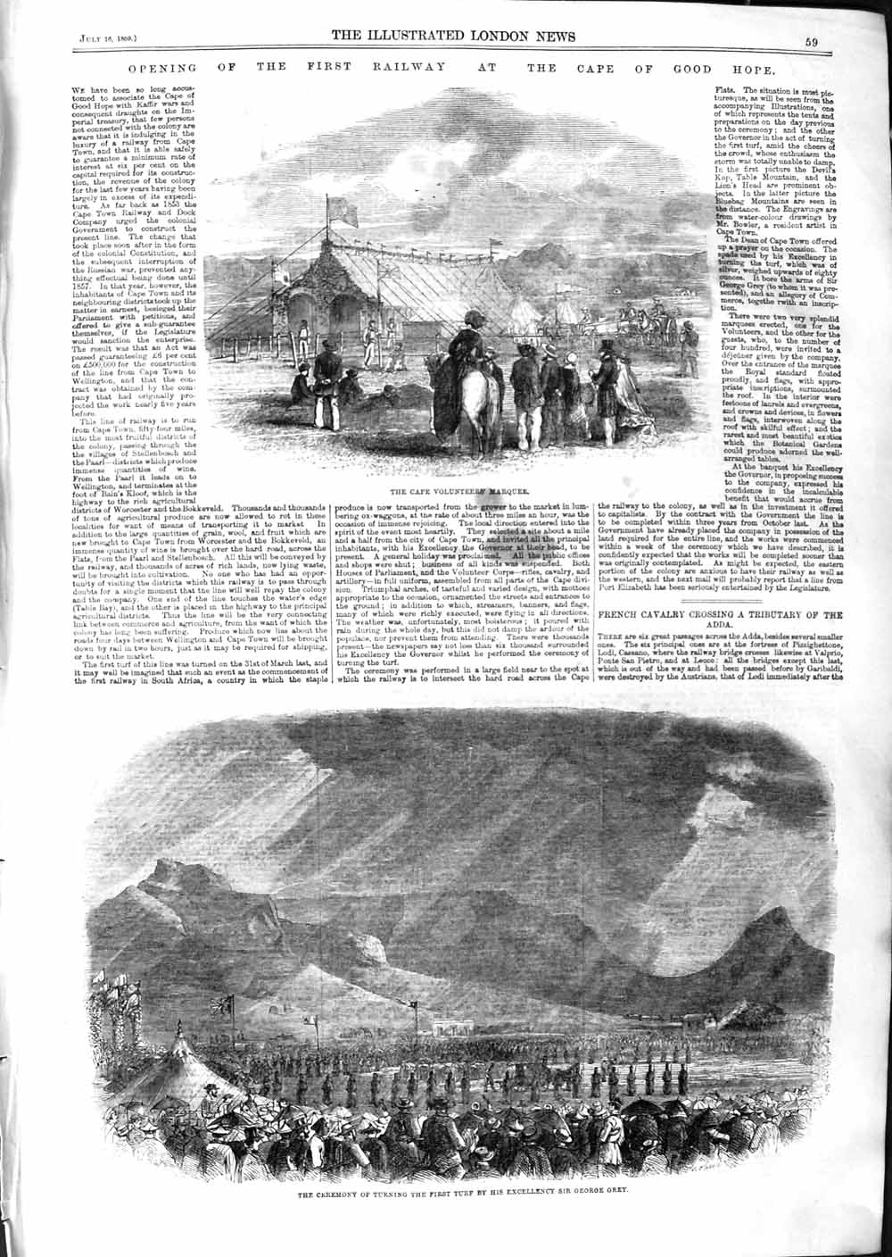Original Old Antique Print 1859 Railway Cape Good Hope Volunteers Marquee Grey