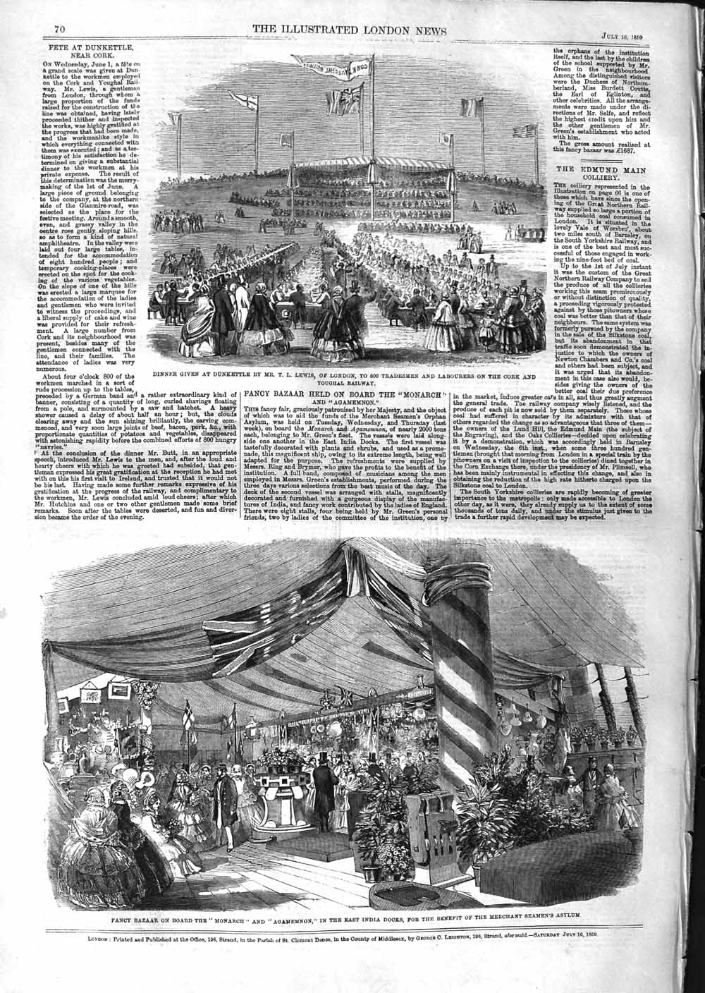 Old Antique Print 1859 Dunkettle Cork Railway Ship Monarch Agamemnon Fete 19th