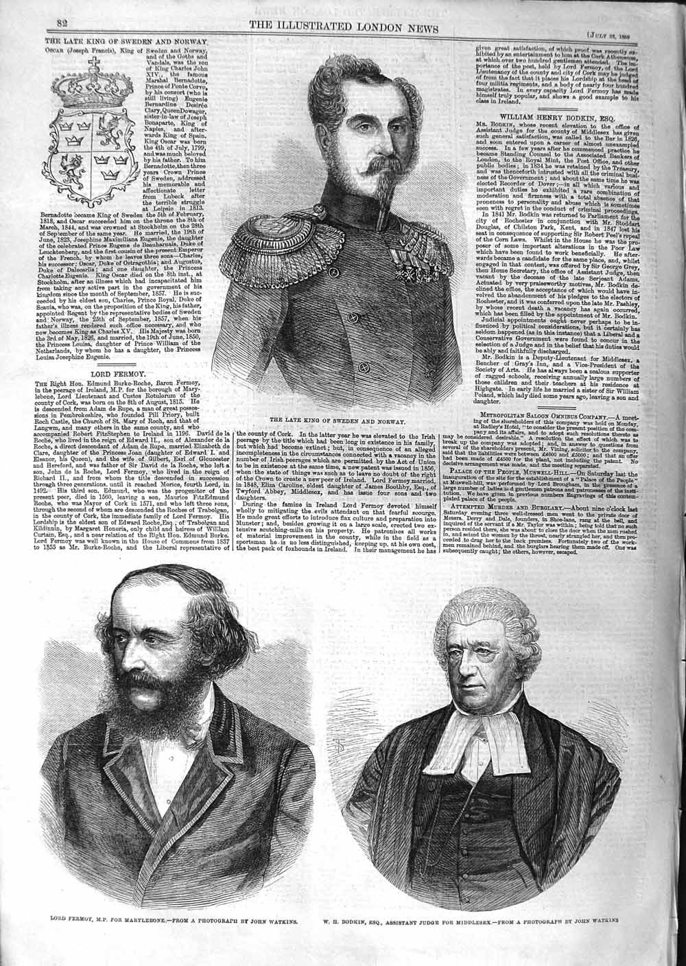 Old Antique Print 1859 King Sweden Norway Lord Fermoy Bodkin Judge M.P. 19th