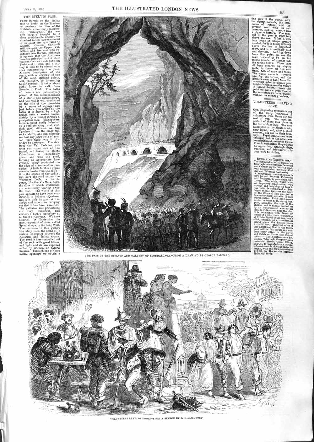 Original Old Antique Print 1859 Pass Stelvio Gallery Spondalonga Rome Vol 19th