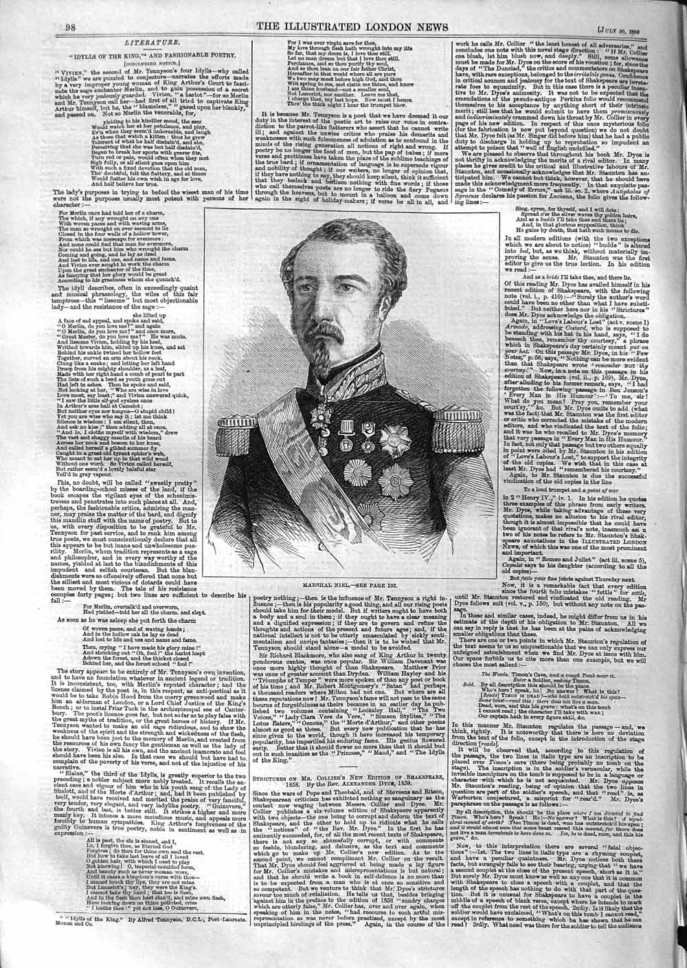 Original Old Antique Print 1859 Portrait Marshall Niel Army Uniform Victorian