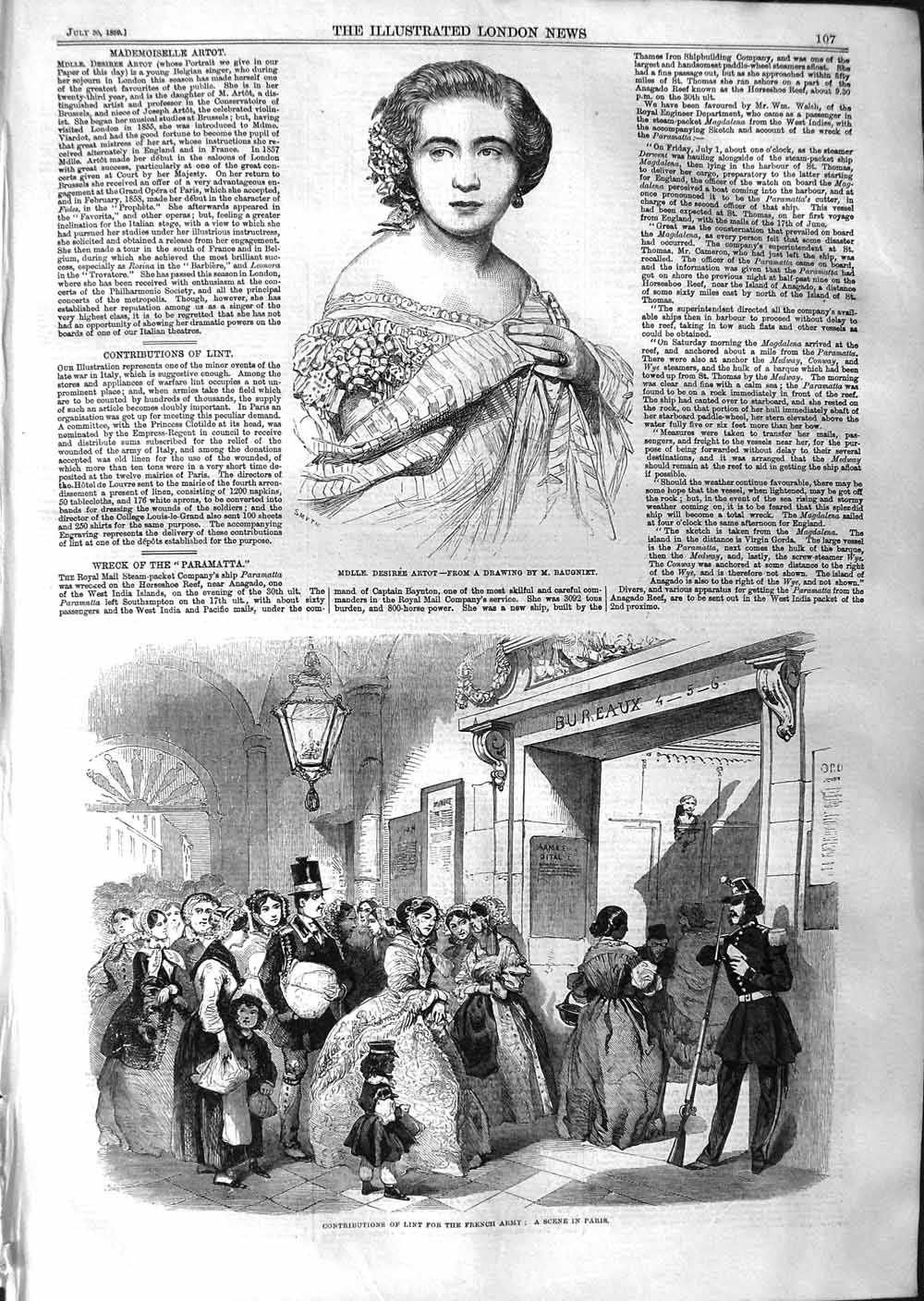Original Old Antique Print 1859 Portrait Desiree Artot Lint French Army War
