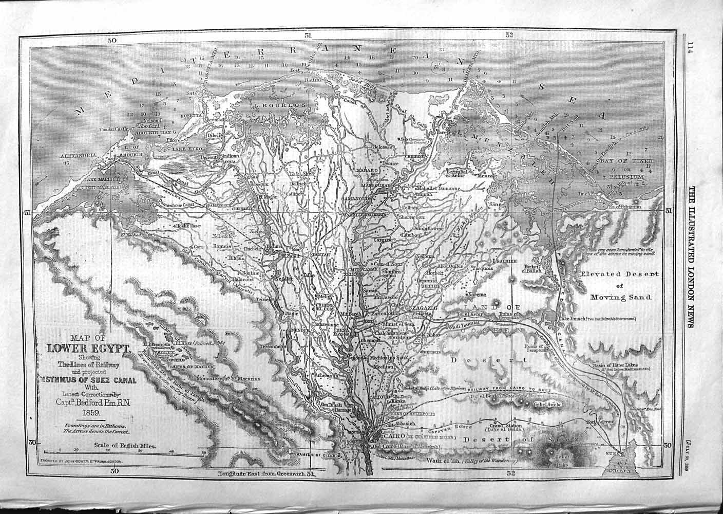 Original Old Antique Print 1859 Map Lower Egypt Railway Isthmus Sue Victorian
