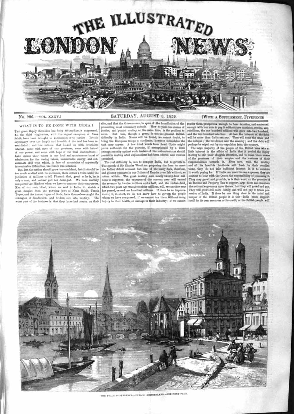 Original Old Antique Print 1859 Peace Conference Zurich Sweden River Boats 19th
