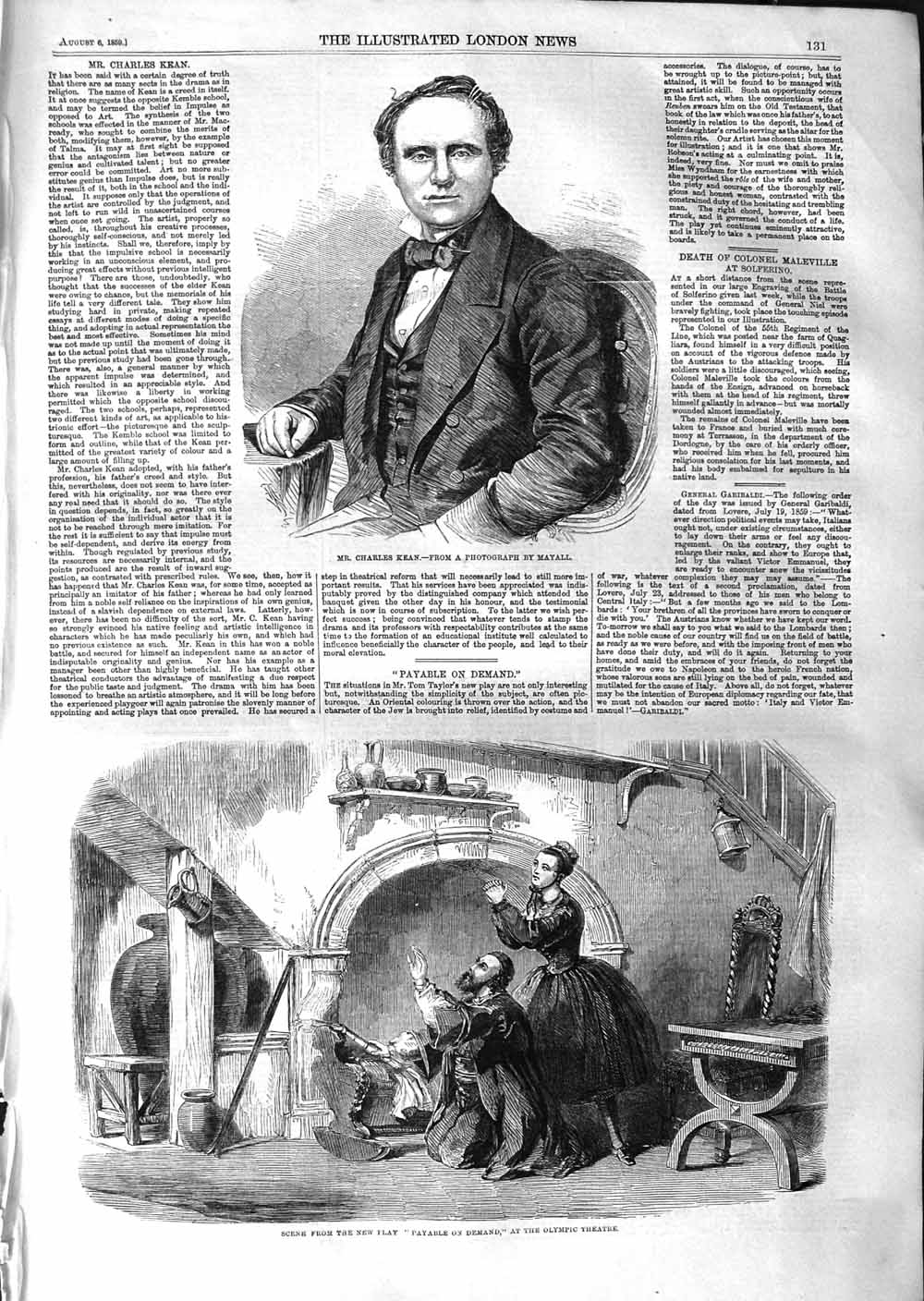 Original Old Antique Print 1859 Charles Kean Olympic Theatre Payable On Demand