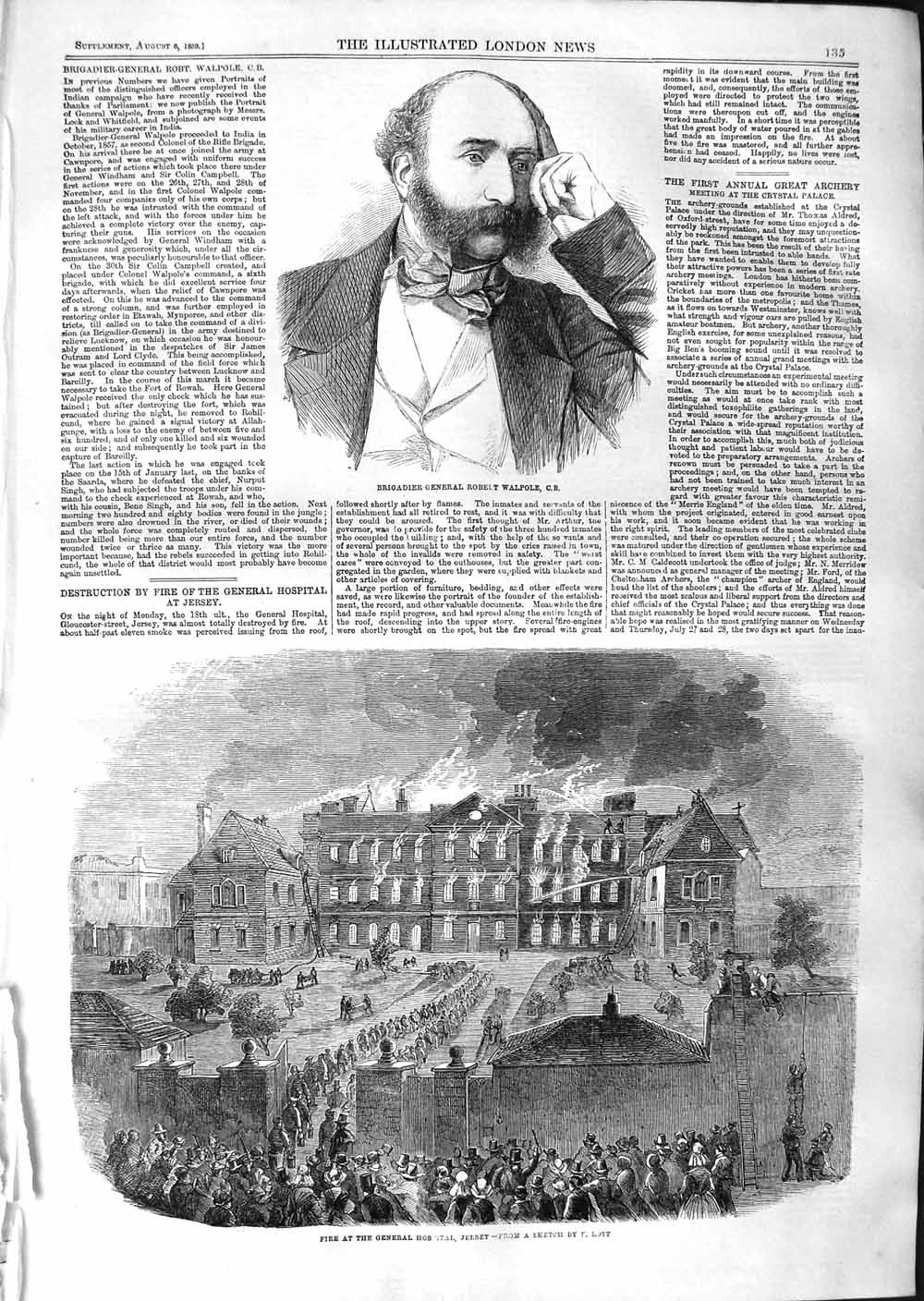 Original Old Antique Print 1859 Brigadier General Robert Walpole Fire Jersey