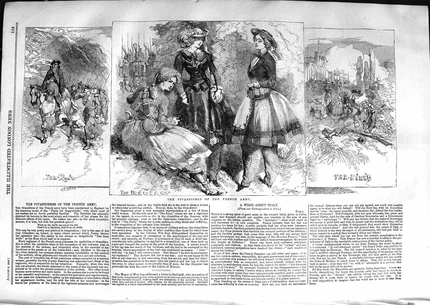 Original Old Antique Print 1859 Vivandieres French Army Beautiful Ladies Siers