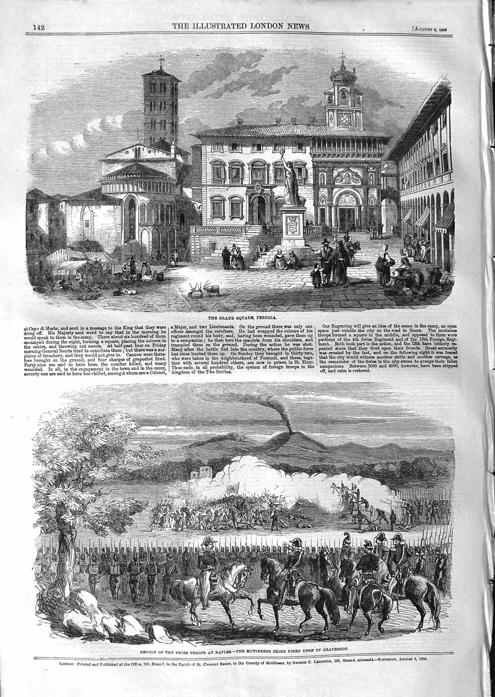 Old Antique Print 1859 Grand Square Perugia Swiss Troops Naples Mutineers 19th