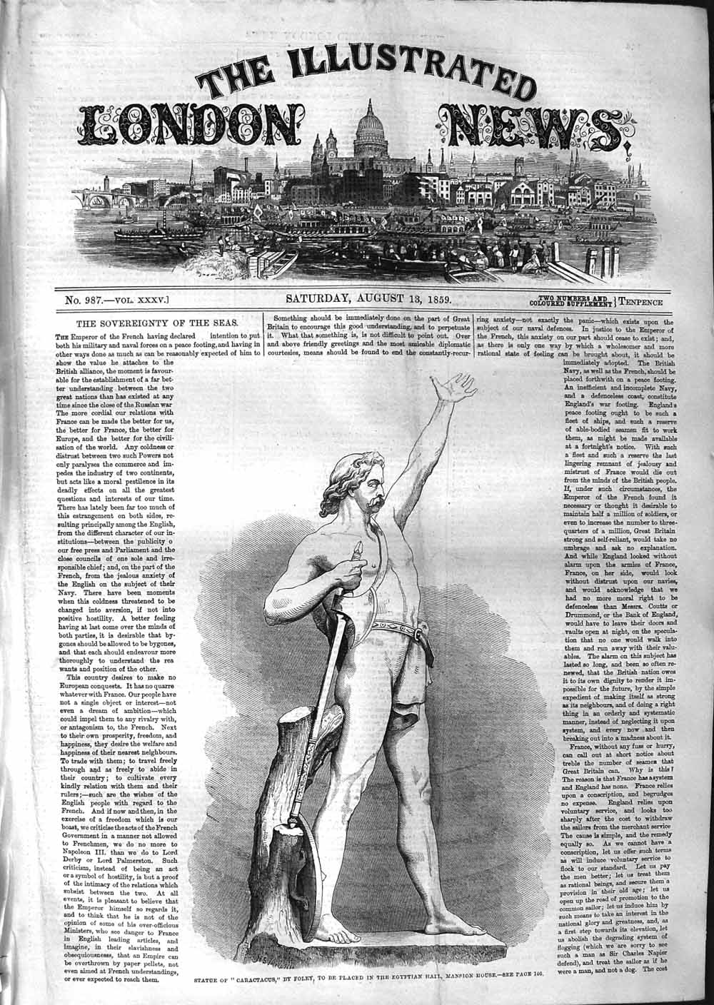 Antique Old Print *3766 1859 Statue Caractacus Foley Egyptian Hall Mansion