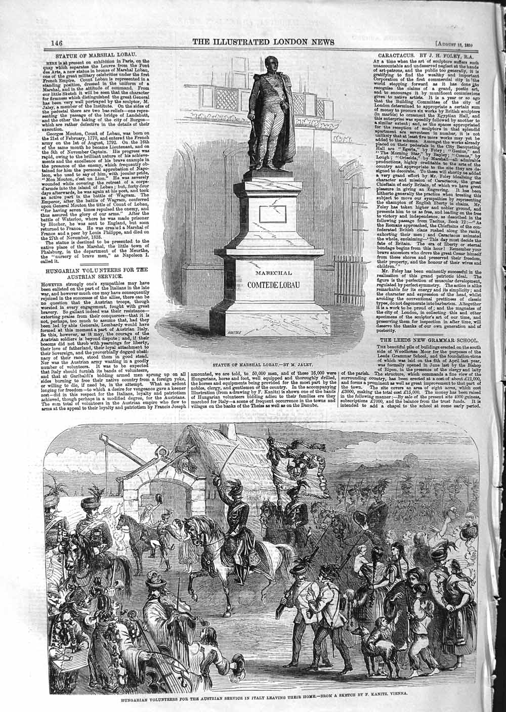 Old Antique Print 1859 Statue Marshall Lobau Hungarian Volunteers Italy 19th