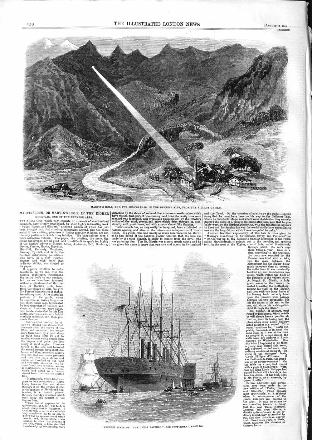Old Antique Print 1859 Martin Hole Segnes Pass Bernese Alps Eastern Ship 19th