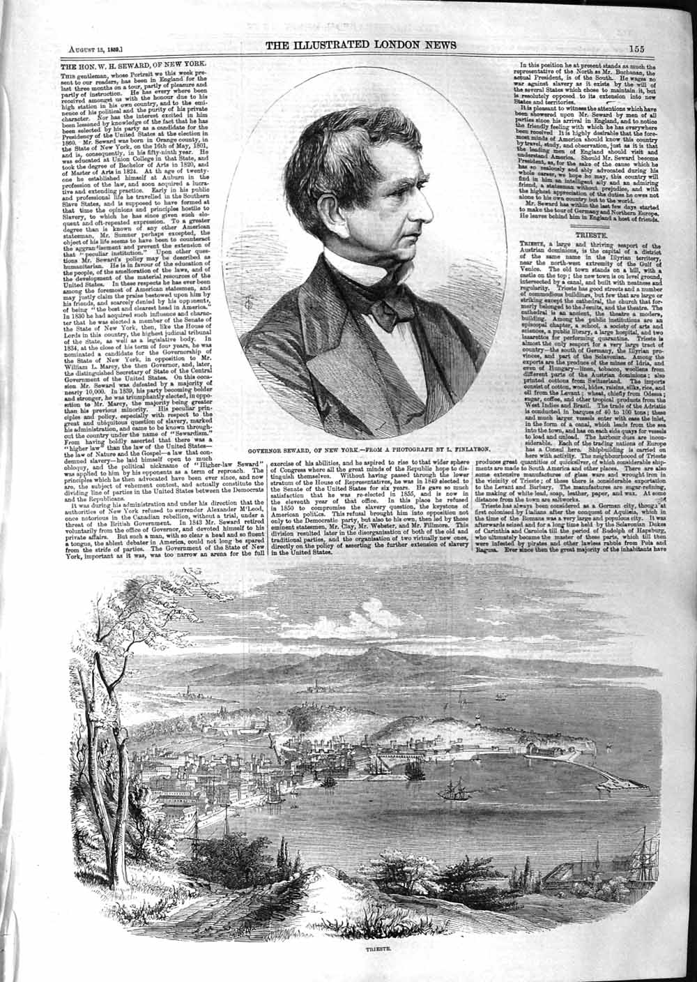 Original Old Antique Print 1859 Governor Seward New York View Trieste Ships