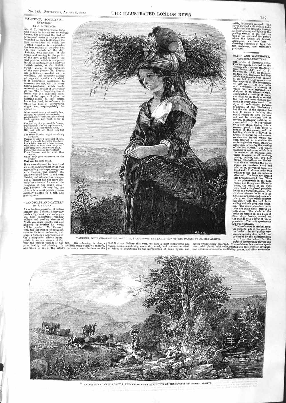 Old Antique Print 1859 Autumn Scotland Lady Hat Landscape Cattle Mountain 19th