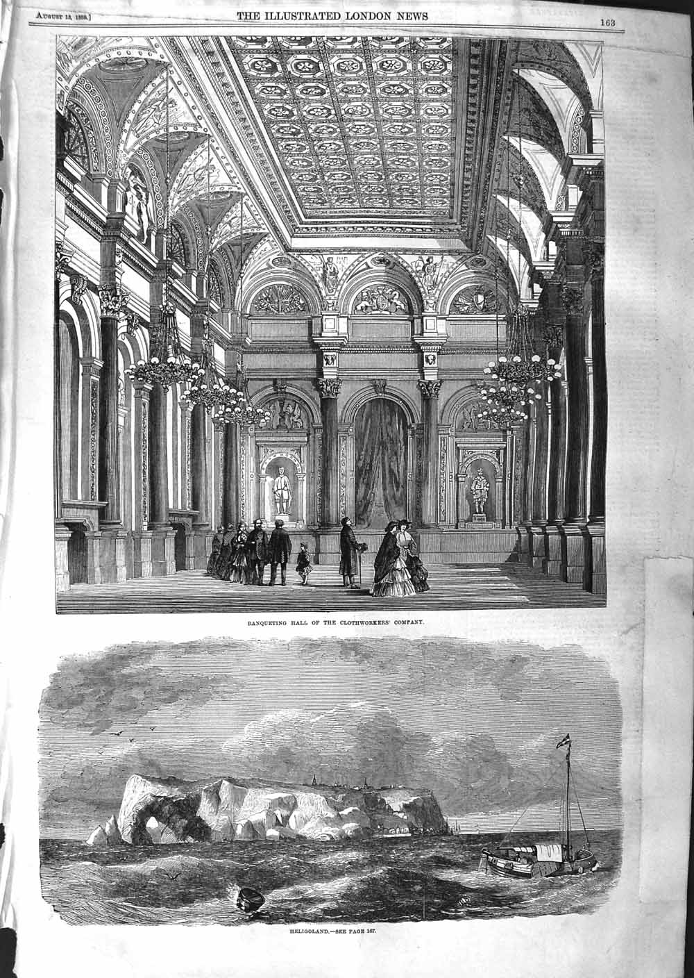 Original Old Antique Print 1859 Banqueting Hall Clothworkers Company Heligoland
