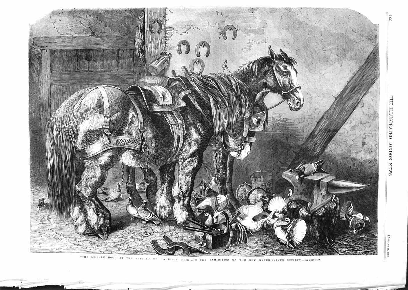 Original Old Antique Print 1859 Fine Art Agriculture Horses Shoe Birds Weir