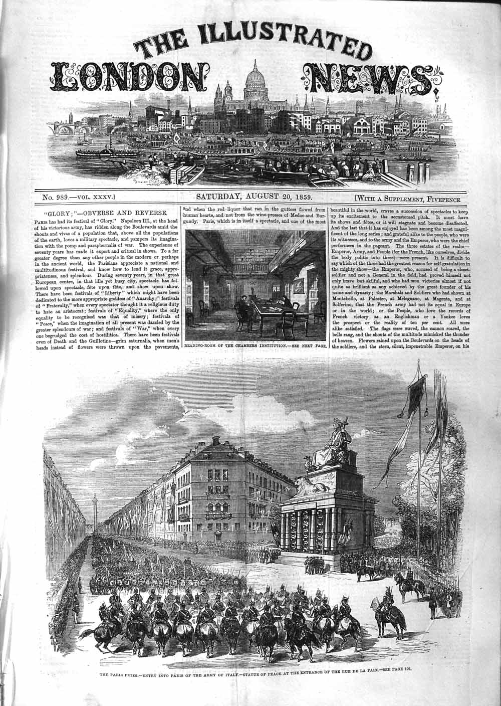 Old Antique Print 1859 Chambers Institution Paris Army Italy Rue De Paix 19th