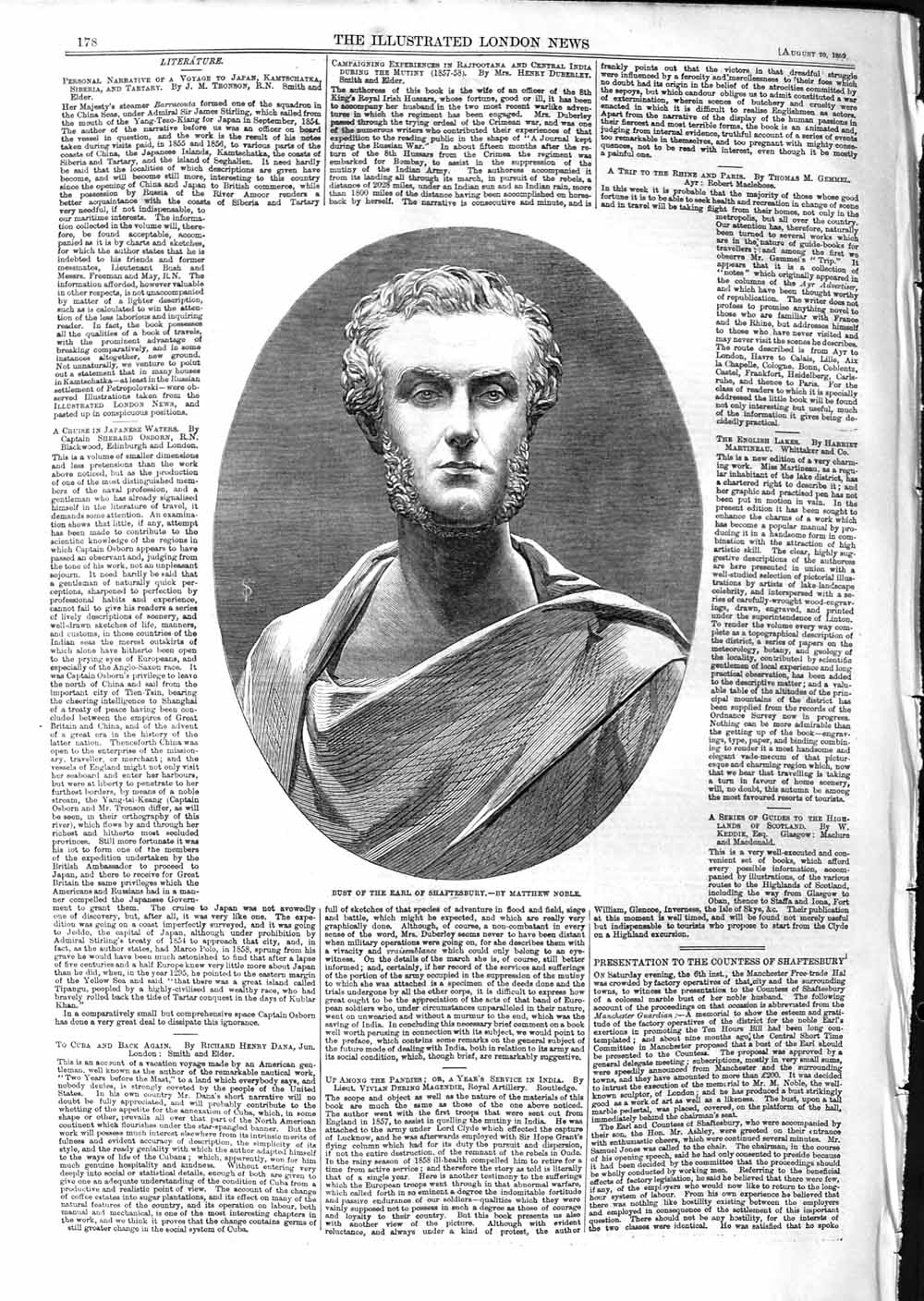 Original Old Antique Print 1859 Bust Earl Shaftesbury 19th Century