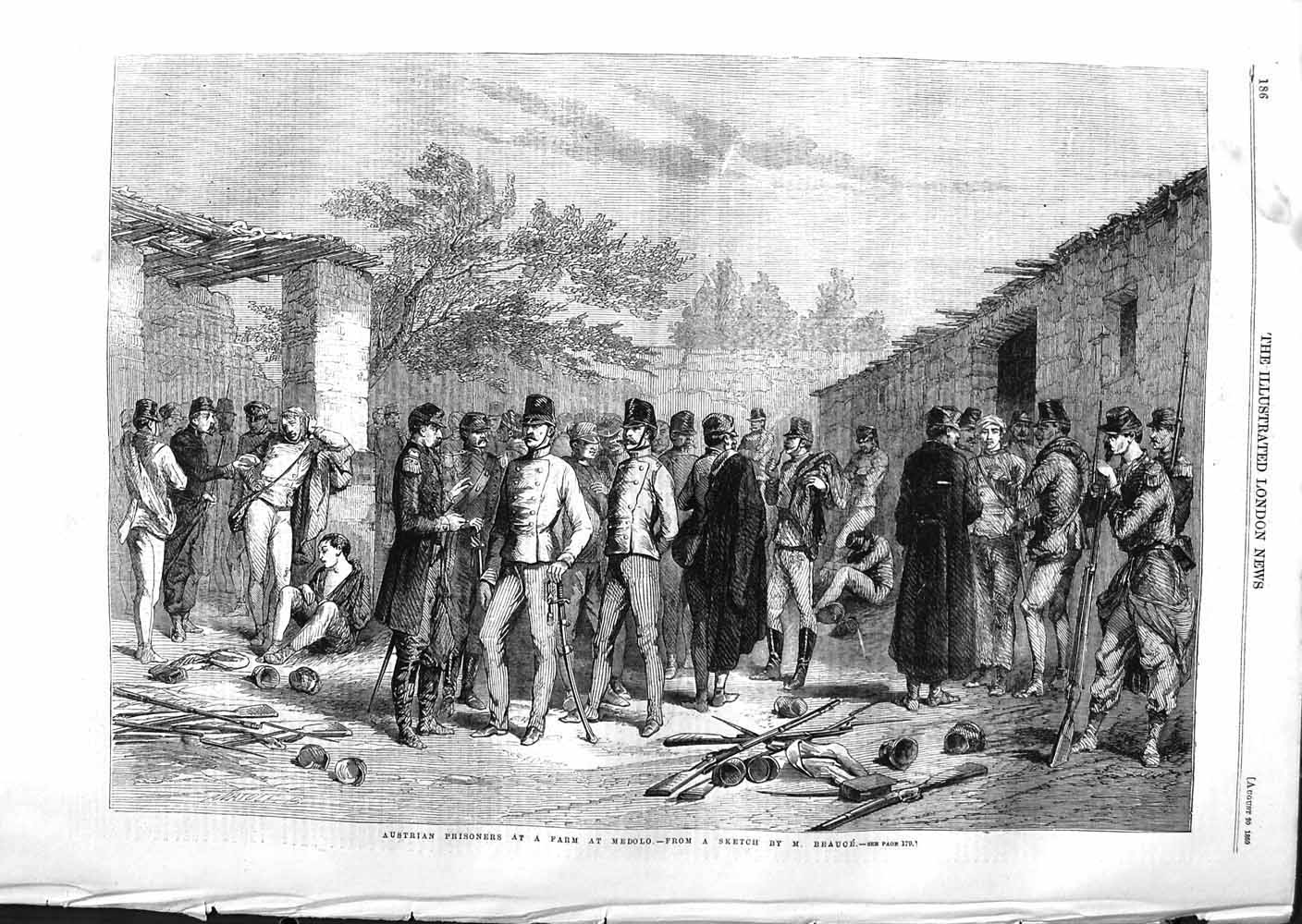 Original Old Antique Print 1859 Austrian Prisoners Farm Medolo Siers War 19th