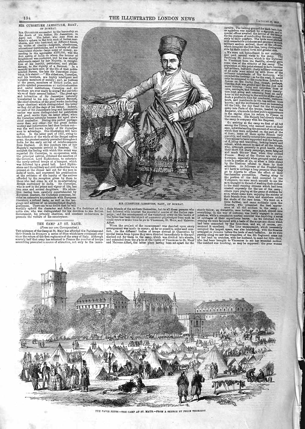 Antique Old Print *3765 1859 Cursetjee Jamsetjee Bombay Paris Fete Camp Maur