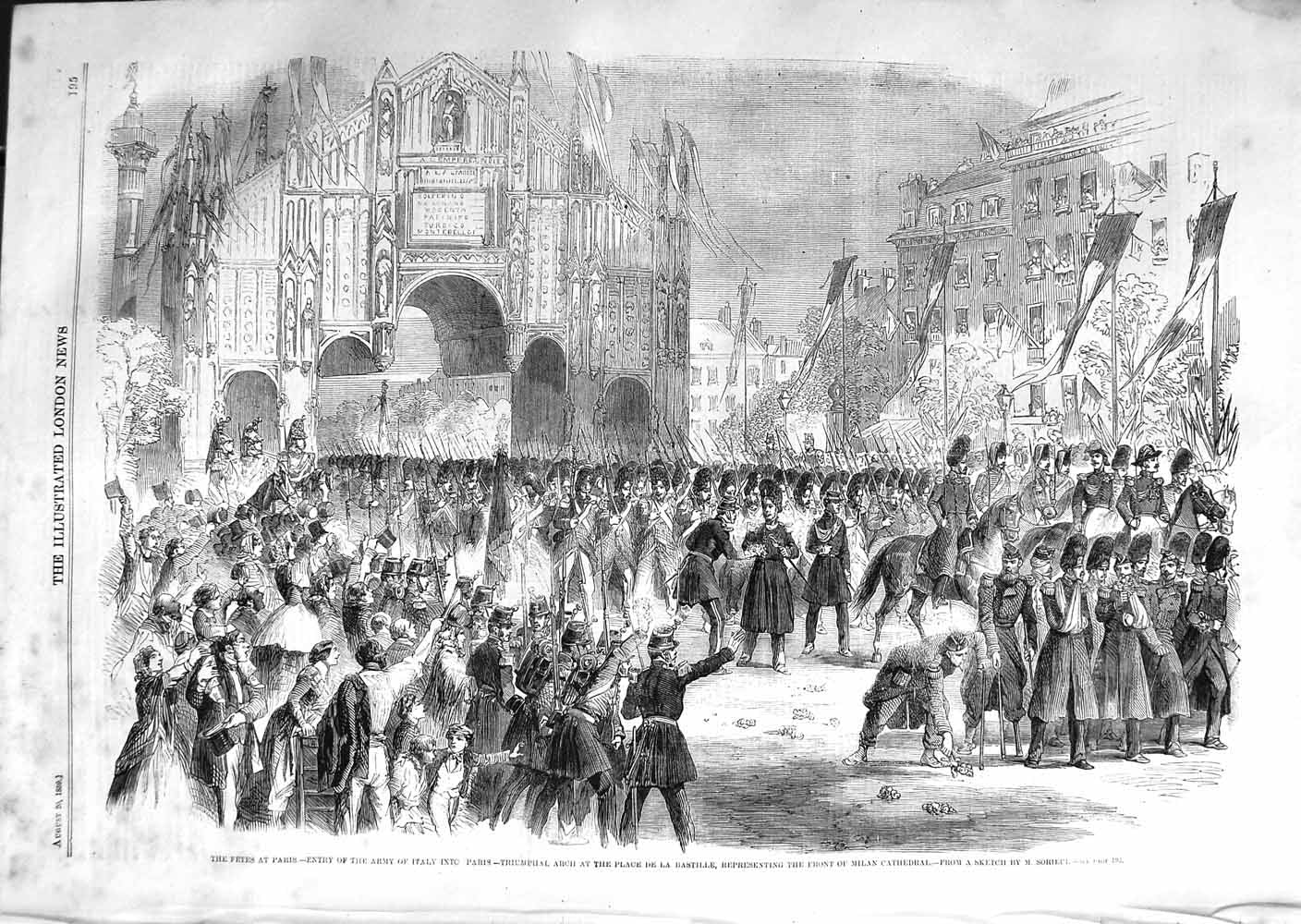 Old Antique Print 1859 Fetes Paris Army Italy Arch Palace De La Bastille 19th