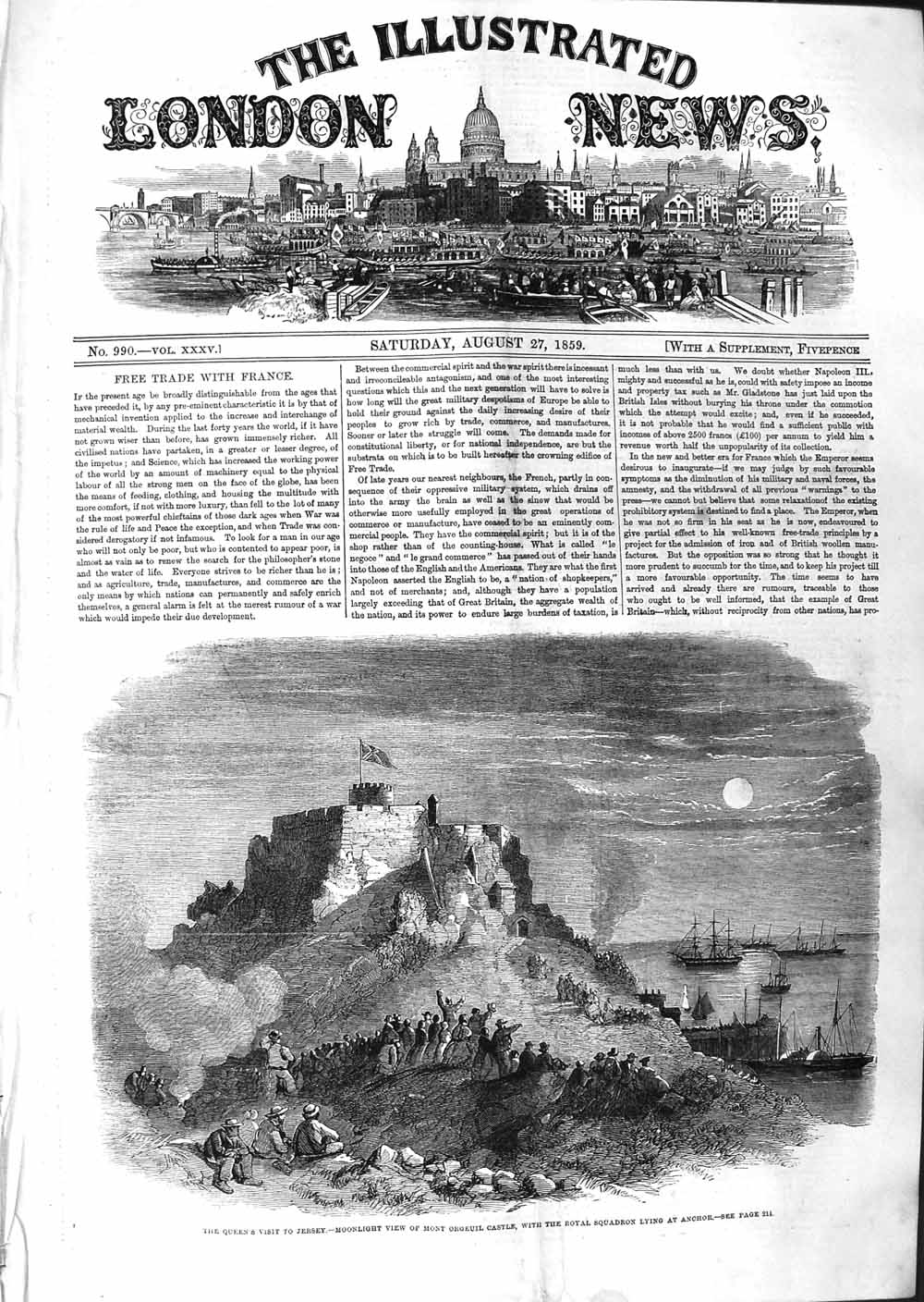Old Antique Print 1859 Queen Jersey Moonlight Mont Orgeuil Castle Anchor 19th
