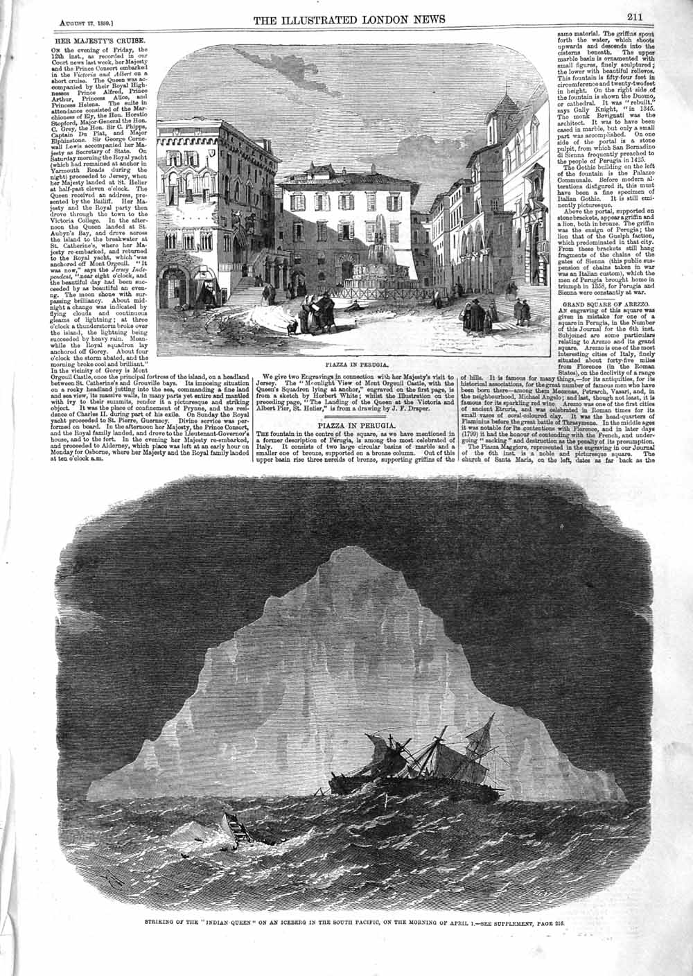 Old Antique Print 1859 Piazza Perguia Indian Queen Ship Iceberg Pacific 19th