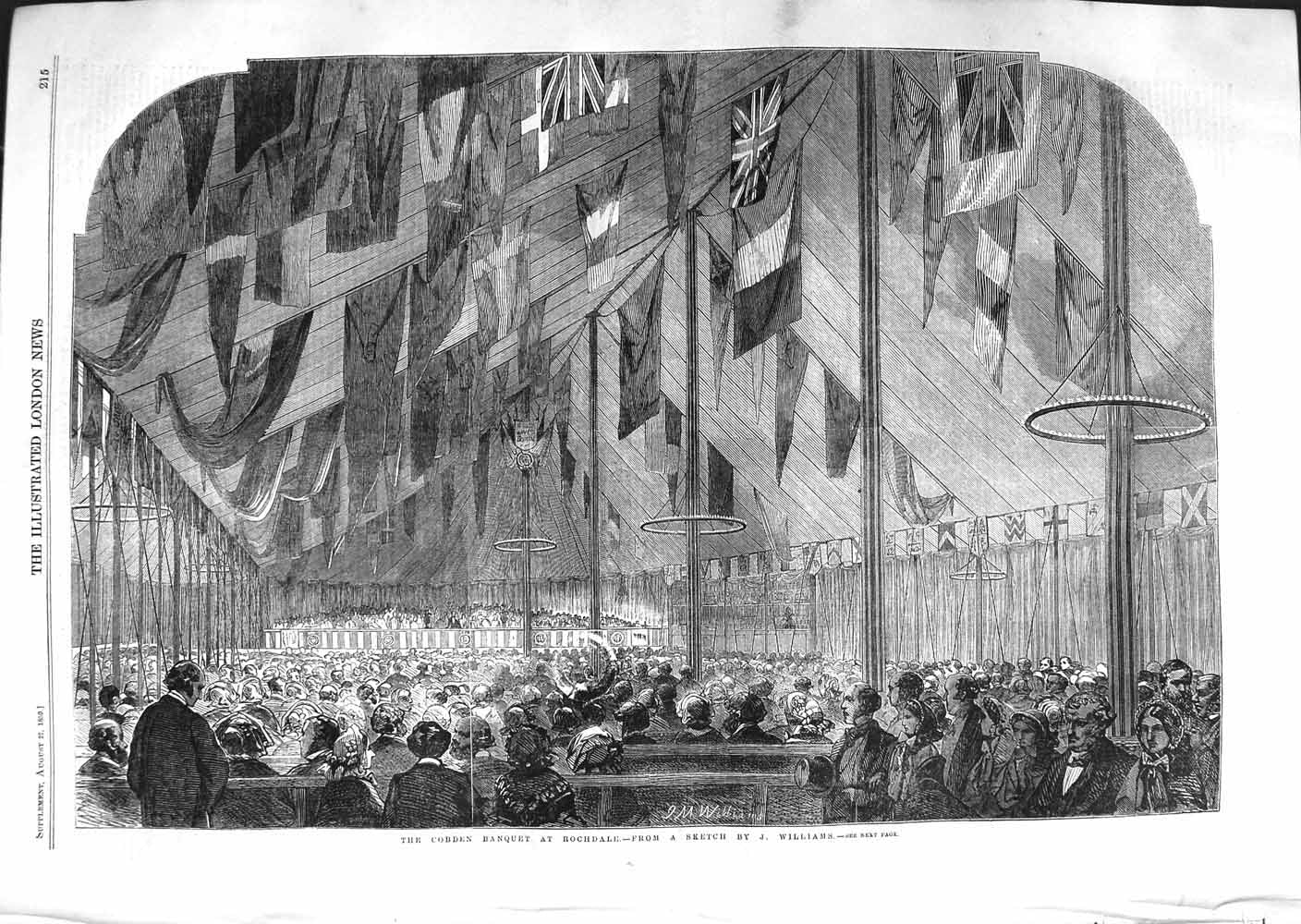 Original Old Antique Print 1859 Cobden Banquet Rochdale Williams 19th