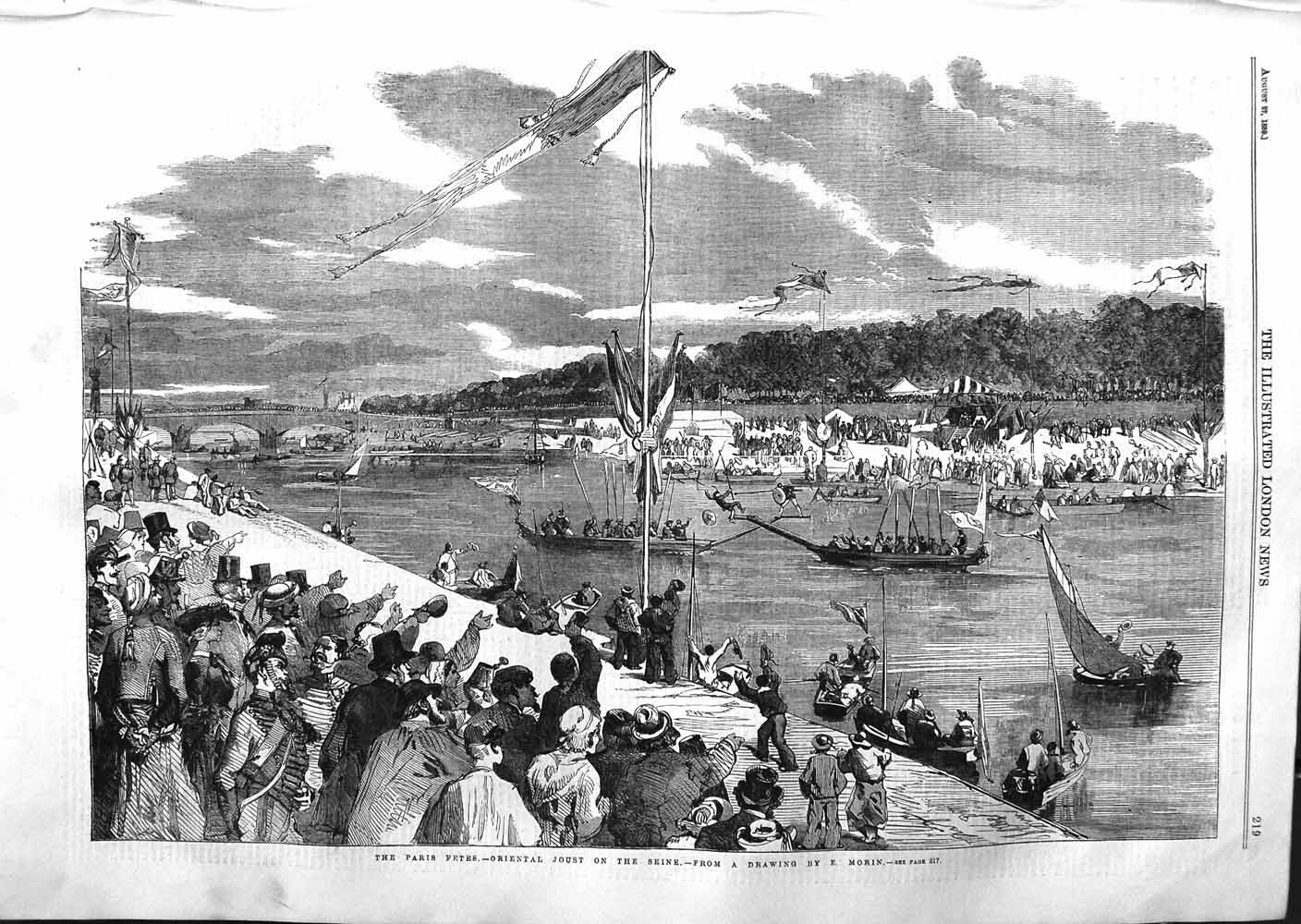 Original Old Antique Print 1859 Paris Fetes Oriental Joust Seine River France