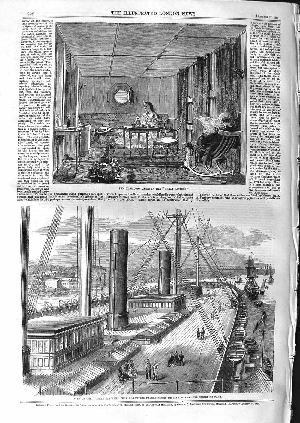 Old Antique Print 1859 Family Saloon Cabin Great Eastern Ship Paddle Box 19th