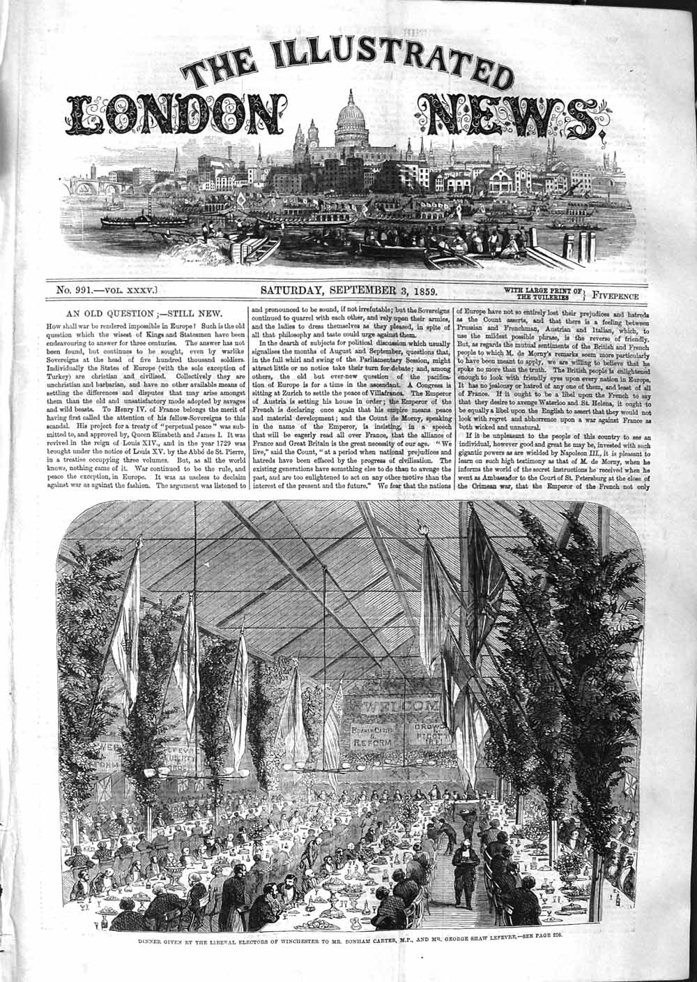 Old Antique Print 1859 Dinner Liberal Electors Winchester Bonham Carter 19th