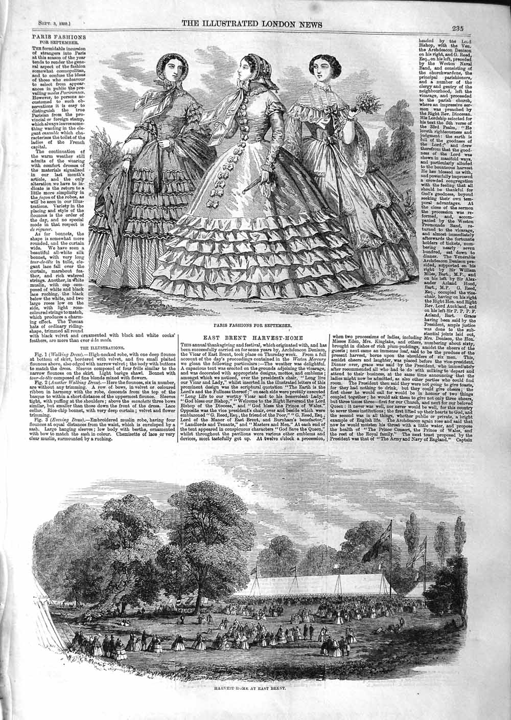 Old Antique Print 1859 Paris Fashion Harvest Home Brent Farming England 19th