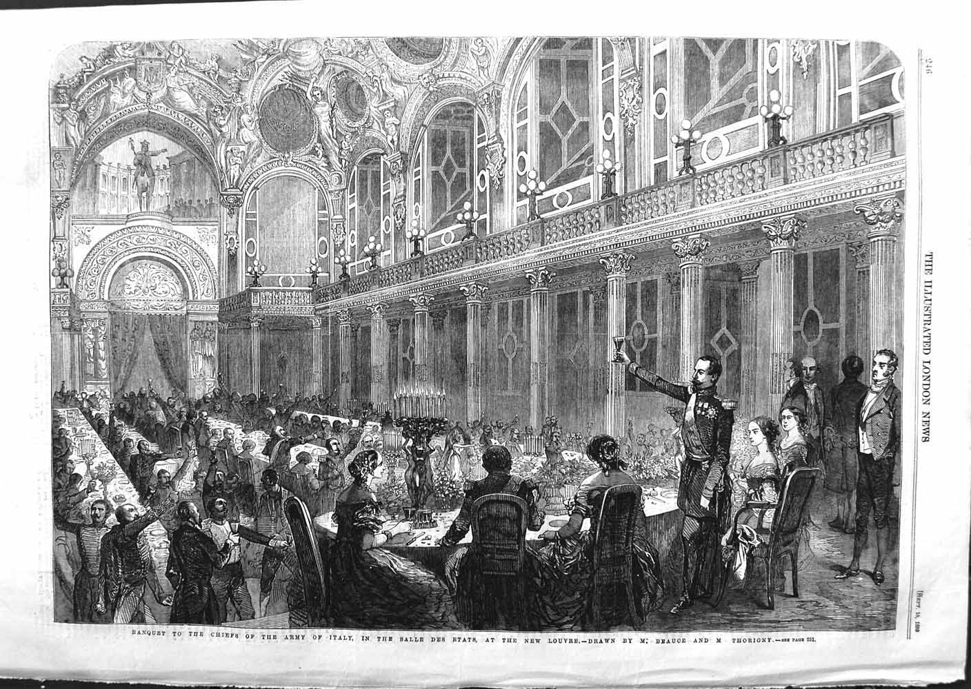Old Antique Print 1859 Banquet Chiefs Army Italy Salle Etats New Louvre 19th
