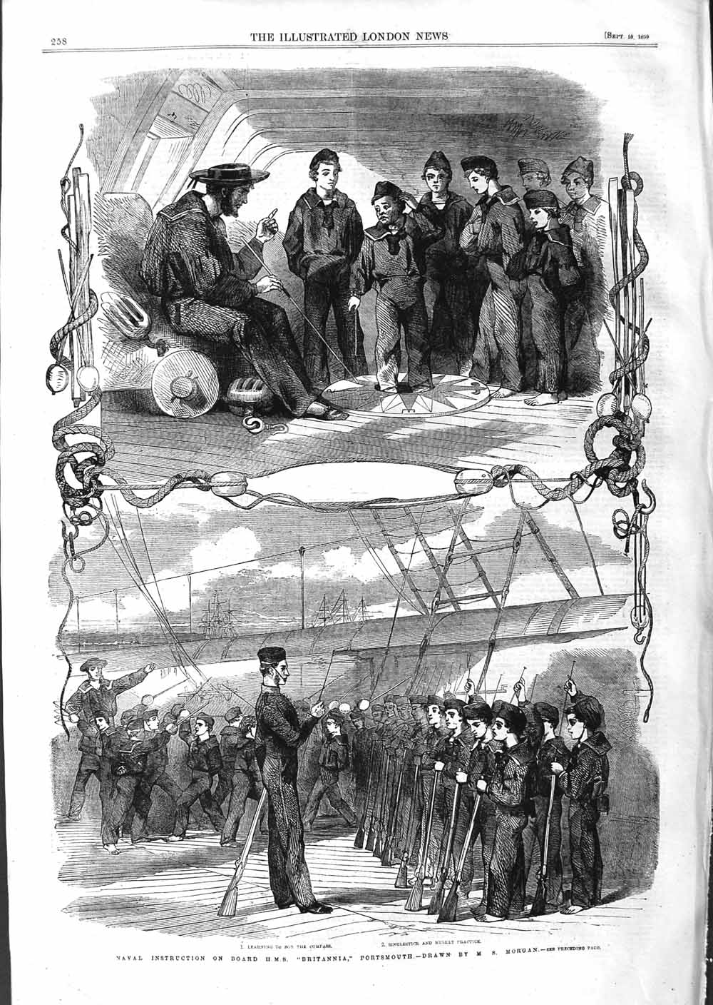 Original Old Antique Print 1859 Navay Instruction H.M.S Britannia Portsmouth