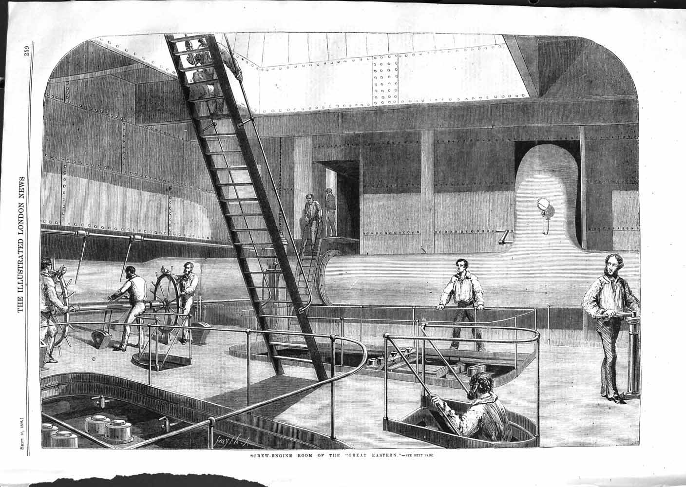 Original Old Antique Print 1859 Screw Engine Great Eastern Ship 19th
