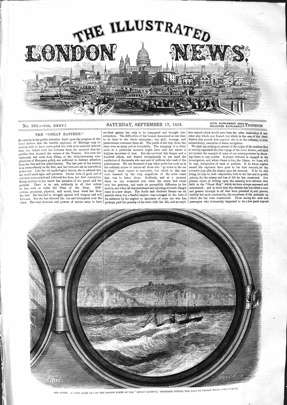 Original Old Antique Print 1859 Saloon Port Great Eastern Ship Dover England