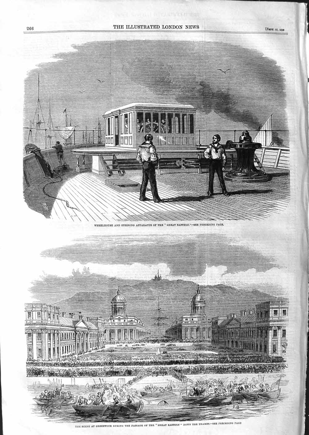 Original Old Antique Print 1859 Wheelhouse Great Eastern Ship Greenwich Thames