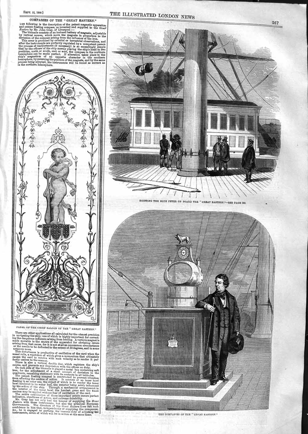 Old Antique Print 1859 Hoisting Blue Peter Great Eastern Ship Compasses 19th