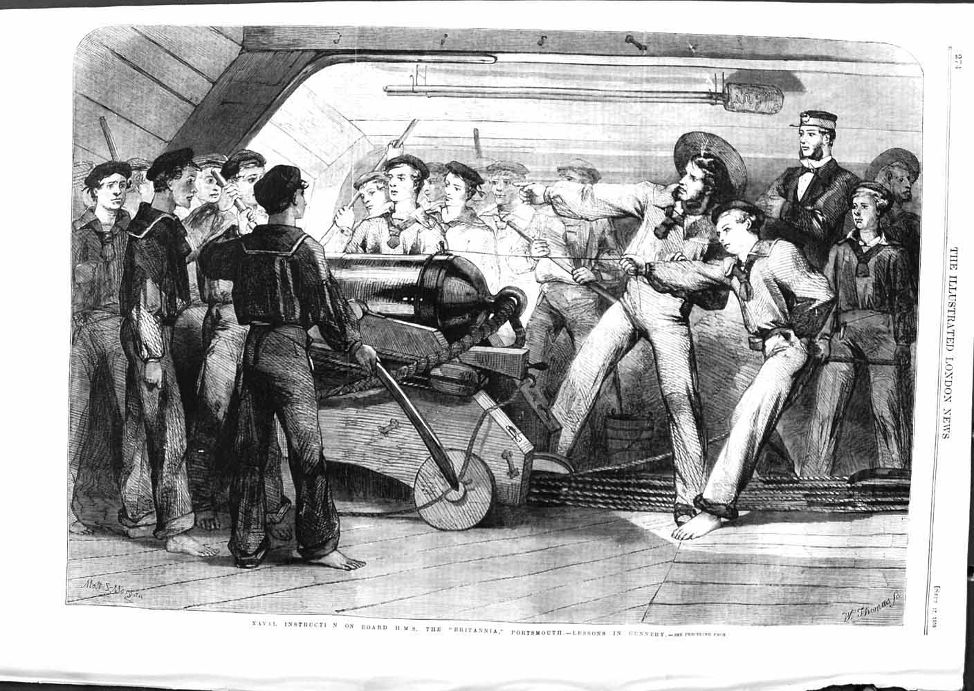 Original Old Antique Print 1859 Navy Instruction Ship Britannia Portsmouth 19th