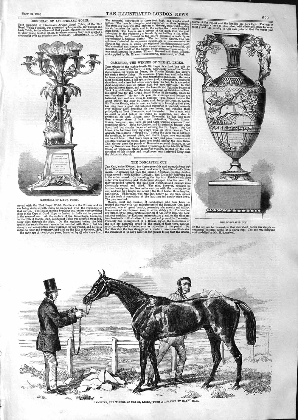 Old Antique Print 1859 Gamester St. Leger Horse Doncaster Cup Tobin Sport 19th