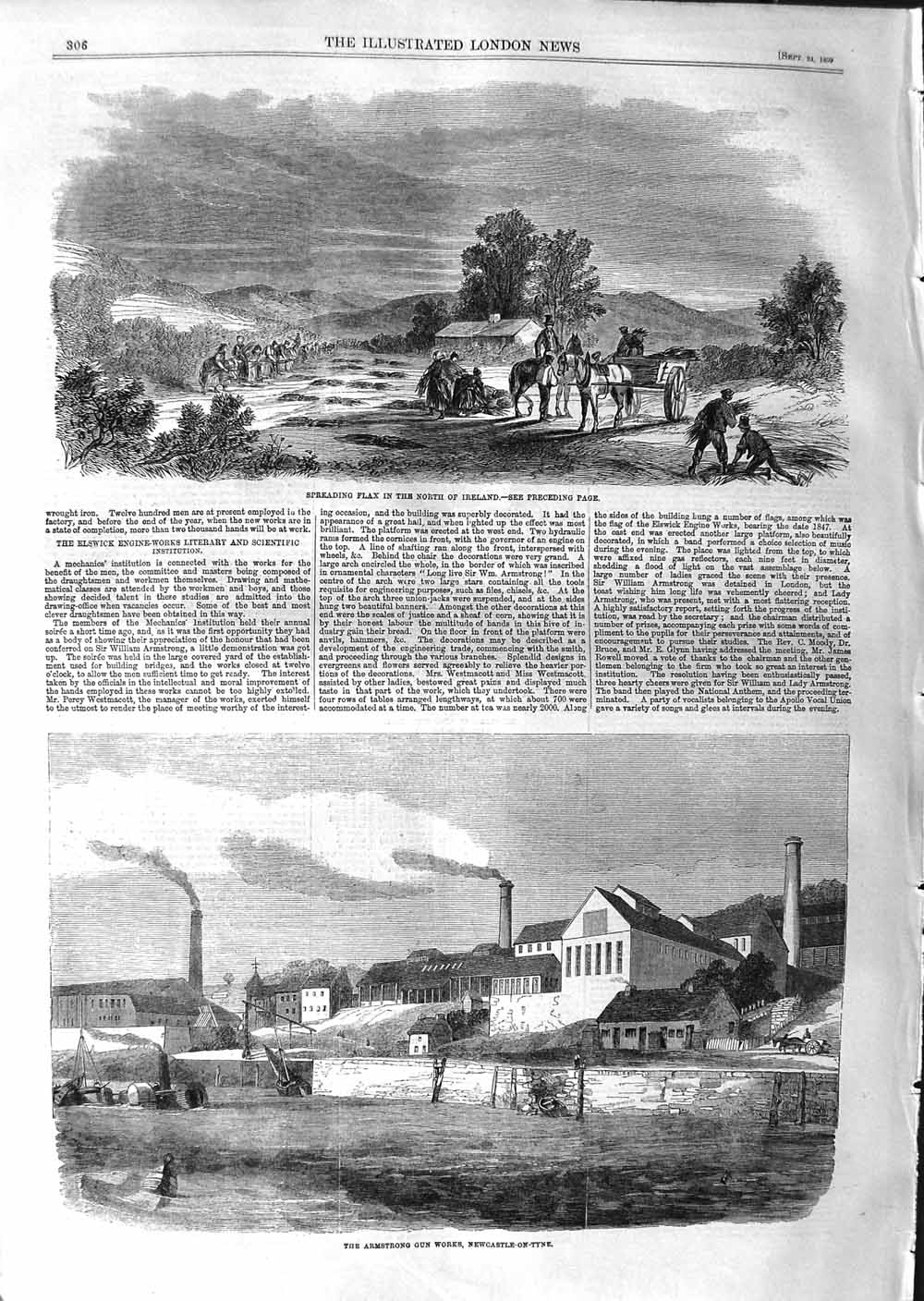 Old Antique Print 1859 Spreading Flax Ireland Armstrong Gun Works Soiree 19th
