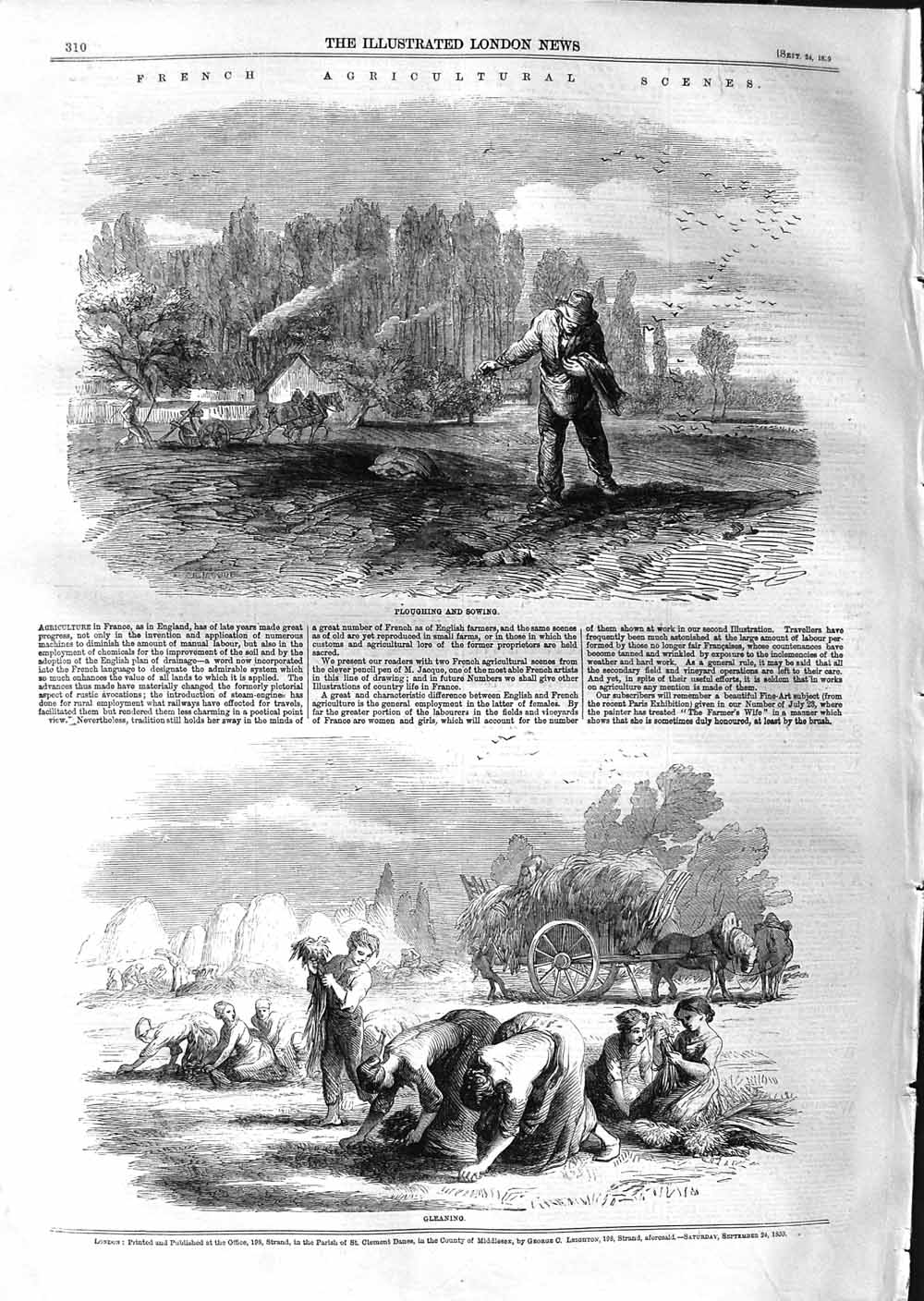 Original Old Antique Print 1859 Agricultural Ploughing Sowing Gleaning Farming