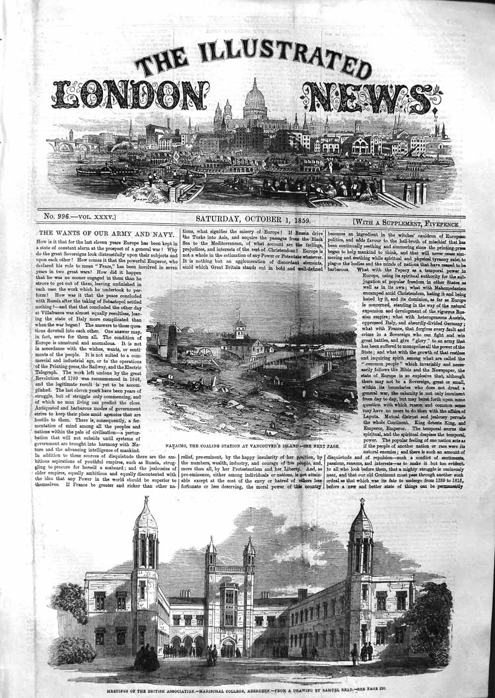 Original Old Antique Print 1859 Nanaimo Coaling Station Vancouver Canada Ma 19th