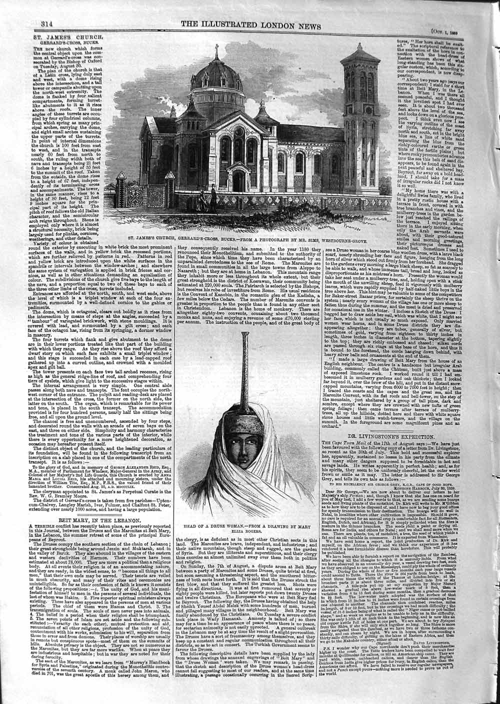 Original Old Antique Print 1859 St. James'S Church Gerrard'S-Cross Druse Woman
